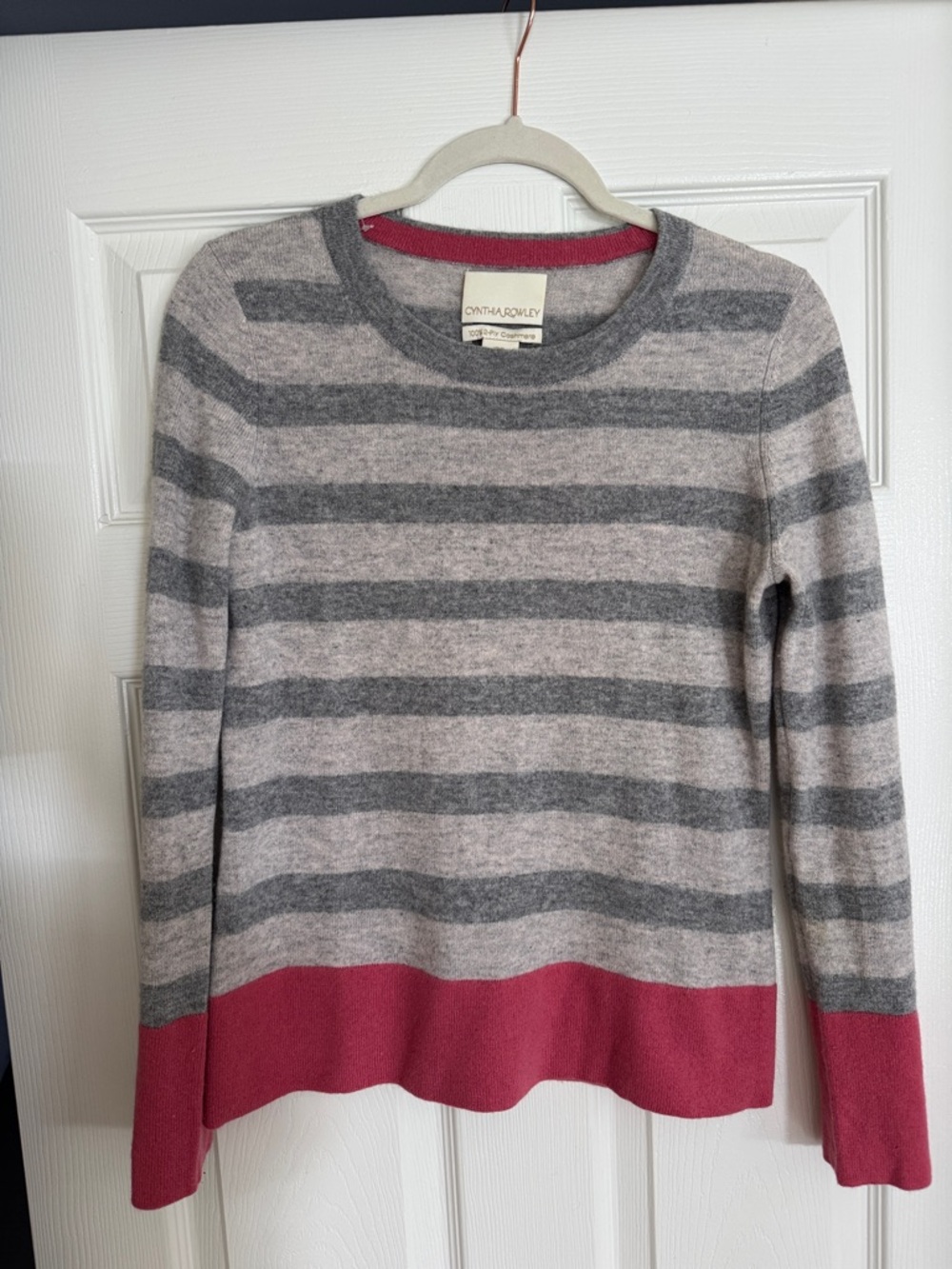 Cynthia Rowley Gray Striped Crewneck Sweater with Pink Hem